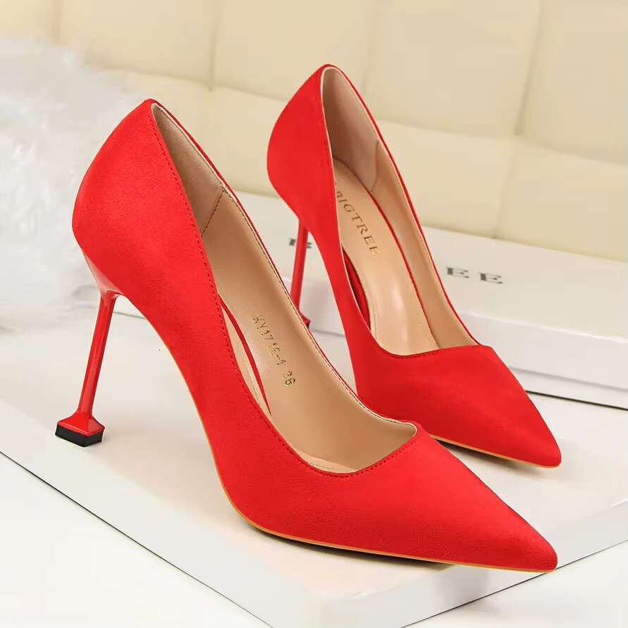 Women 9.5cm High Korean Pumps Lady Wedding Bridal Suede Purple Green Red Stiletto Heels Nightclub Office Party Shoes