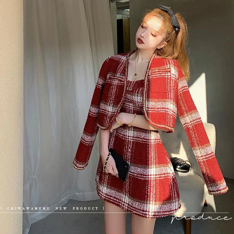 Woolen Harajuku Y2k Plaid Short Blazer Christmas Clothes Women Winter A-line Dress Sets Korean Fashion Suits 2-piece Set Female 250113