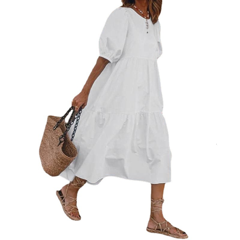 2025 New Women's Designer Casual Sexy Short Sleeved Solid Color Printed Loose Rolled Edge Dress With Bubble Sleeves Beach Skirt