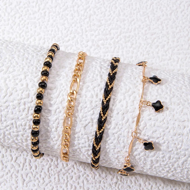 Tocona Simple Black Crystal Stone Anklet Set for Women Girl Charms Rope Geometric Multilayer Foot Chains Jewelry 24189 250114