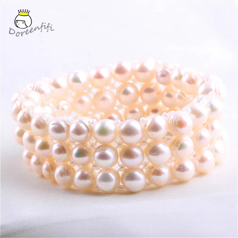 Trendy 3 Rows of Elastic Baroque Pearl Bracelet Full Natural White Round Freshwater Pearls Bangle Gift for Women Jewelry 250121