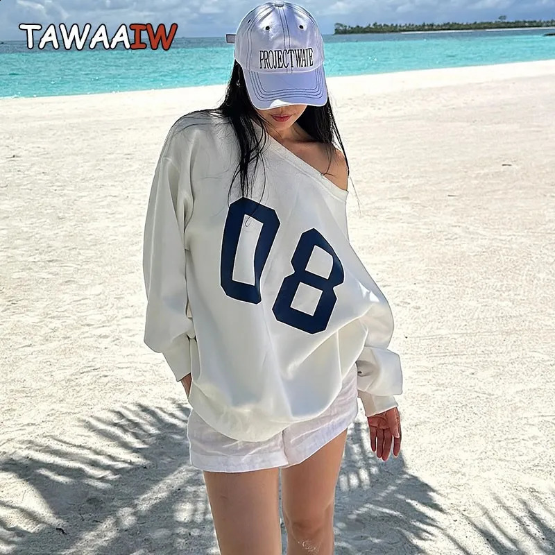Tawaaiw American Retro Y2k Graphic Hoodie Long Sleeve Off Shoulder Korean Fashion Loose Harajuku Womens Sweatshirts Autumn Tops 250110
