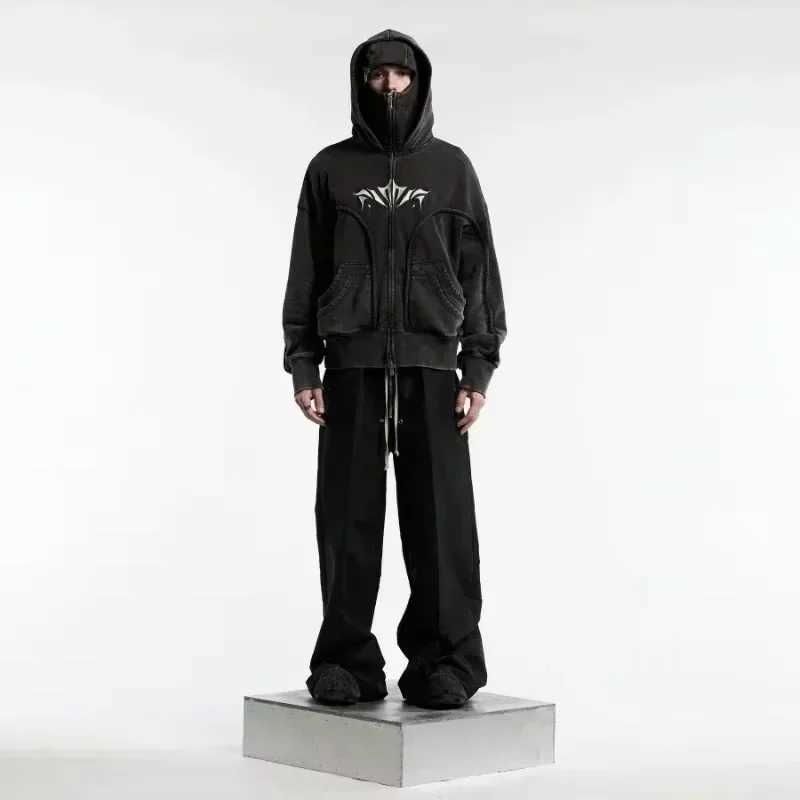 Y2K Zip up Hoodie Harajuku Double Hat Wear resistant Embroidered High quality Heavyweight Sportswear Hip Hop Mens Street Clothing Top W250117