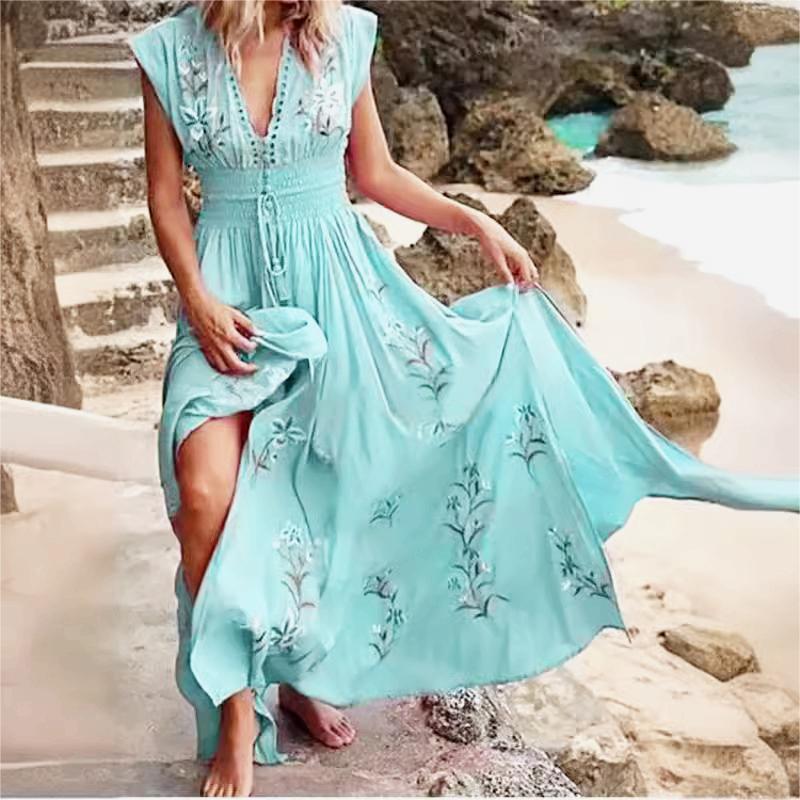 2025 Women's Summer New Designer V-neck French Beach Skirt Flower Bohemian Sexy Long Dress