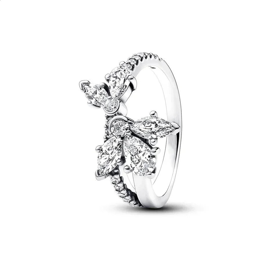 925 Sterling Silver pretty Sparkling Asymmetrical Herbarium Cluster Band Pear Halo Timeless Crossover Dual Band Ring Gifts 250121