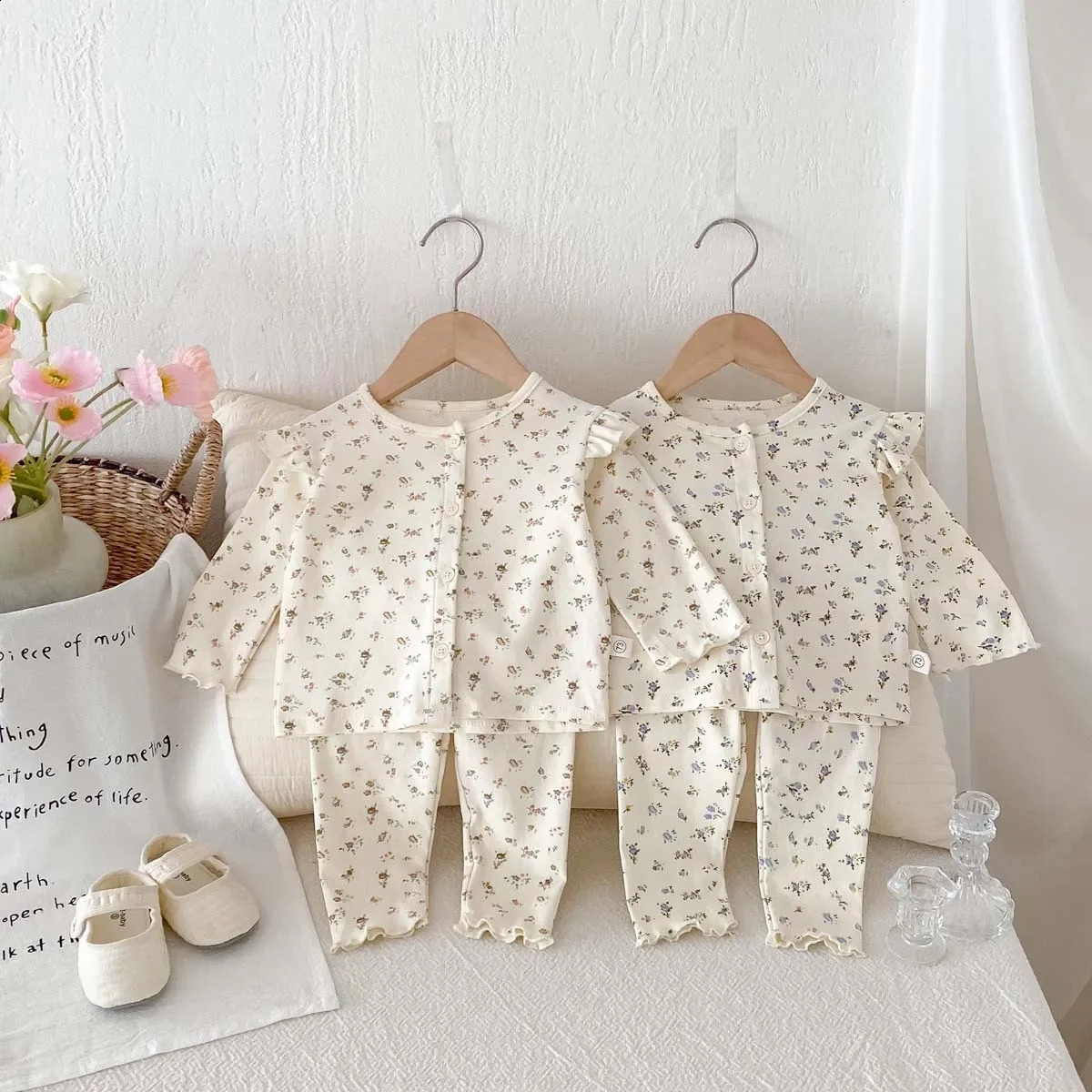 Winter in Kids Baby Girls Floral Pure Cotton Household Clothes toddler Infant Fly Sleeve Top Shirtspants Pajamas Set 250117