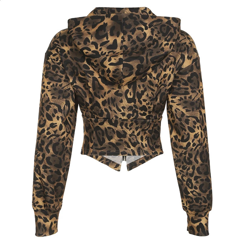 Autumn Zip Up Hooded Womens Sweats Long Sleeve Binding Waist Leopard Streetwear Hoodies Gyaru Baddie Y2k 250107