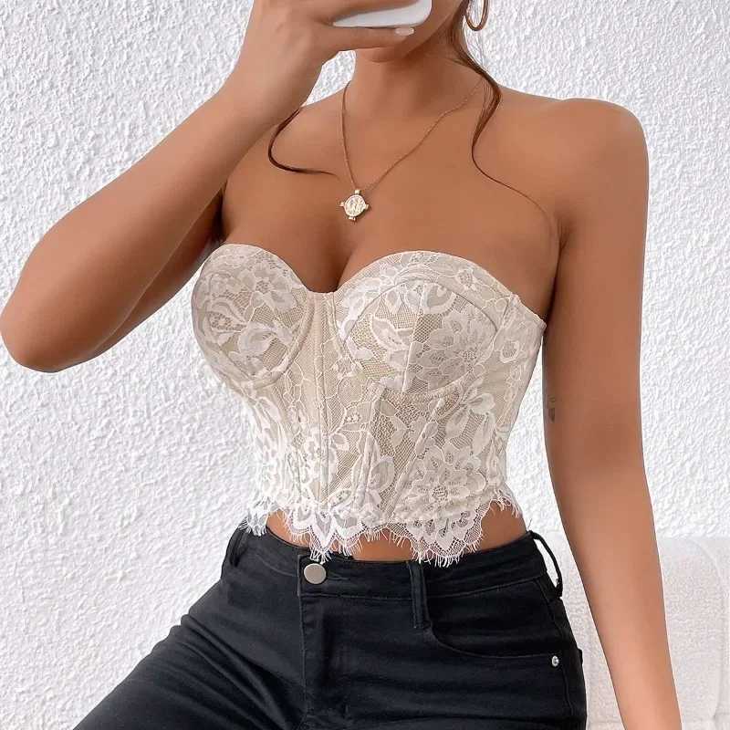 CHUANGERM Sexy Lace Sleeveless Bare Shoulder Crop Top Corset Embroidery Floral Tube Top Strapless Fishbone Backless Camisole W250120