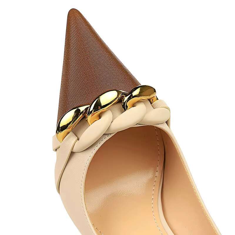 Designer Women 9.5cm Fetish High Wedding Nude Pumps Sexy Lady Replica Metal Chain Stiletto Heels Fashion Prom Shoes