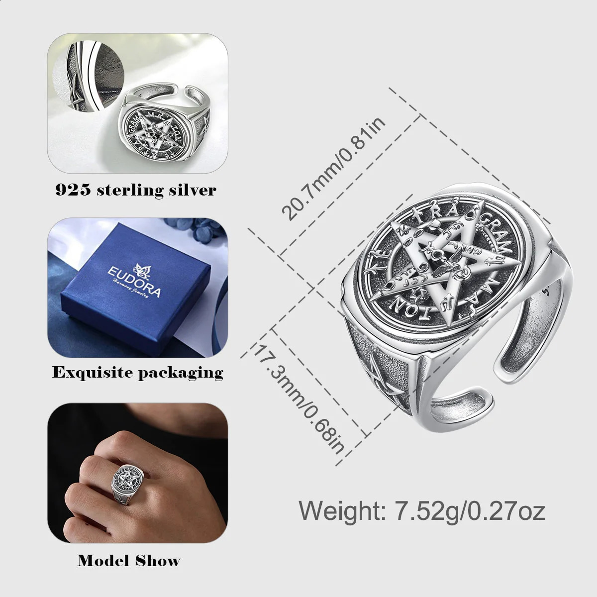 Eudora 925 Sterling Silver Pentagram Adjustable Ring for Men Women Amulet Guardian Star Tetragrammaton Ring Hip Hop Jewelry Gift 250117