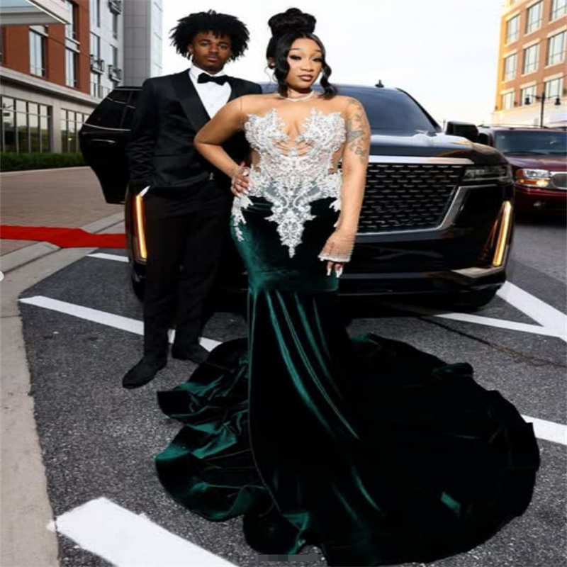 Emerald Green Evening Dress Velvet Mermaid Black Girls Lace Prom Dresses 2025 Beaded Long Sleeve Birthday Occasion Formal Party Gown Robe De Mariee Ve