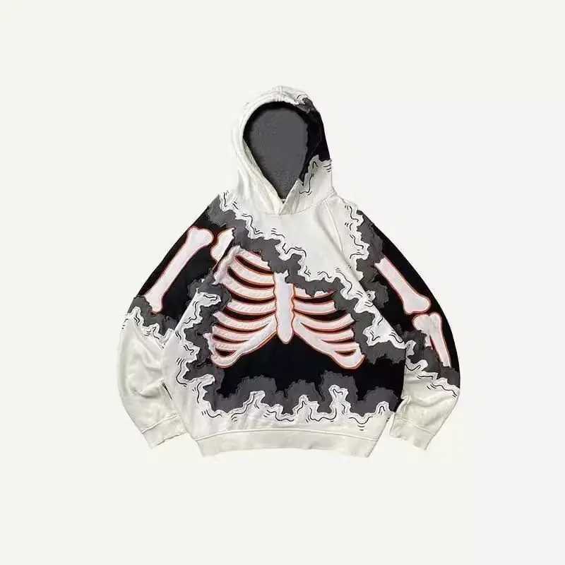 Trendy American Ins Youth Trend Flame Skeleton 3d Printed Velvet Sweatshirt Boys Y2K Street Hip-hop Trend Pullover Hoodie Tops W250117