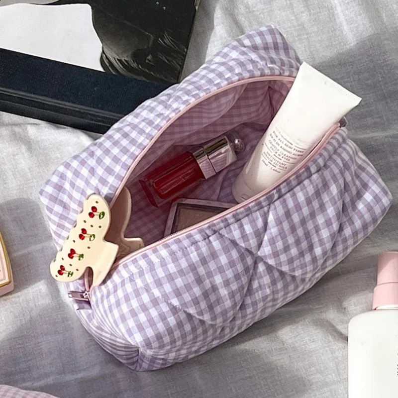 Fashion Checkered Floral Makeup Bag Large Capacity Portable Cosmetic Storage Bag Cotton Quilted Wash Bag Skincare Pouch 250207