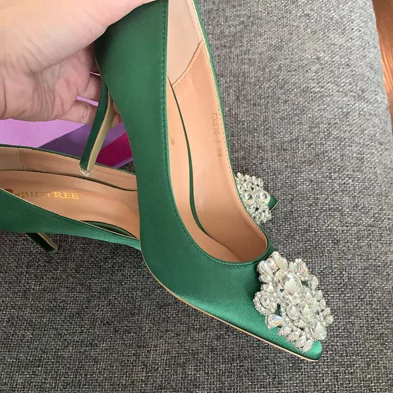 Women 10cm High Heels Sexy Rhie Green Pink Gray Pointed Toe Pumps Lady Silk Satin Escarpins Elegant Wedding Evening Shoes
