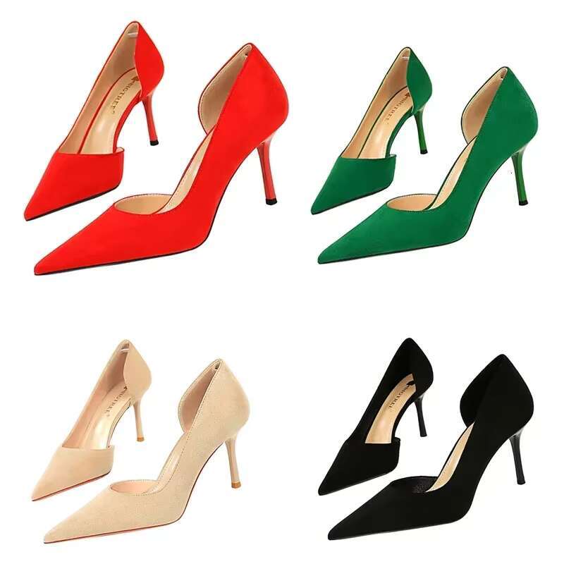 Big Size Fashion Women Daily Holiday Suede Green Red Pumps Lady 8.5cm High Basic Pointed Toe Hollow Wedding Middle Heels