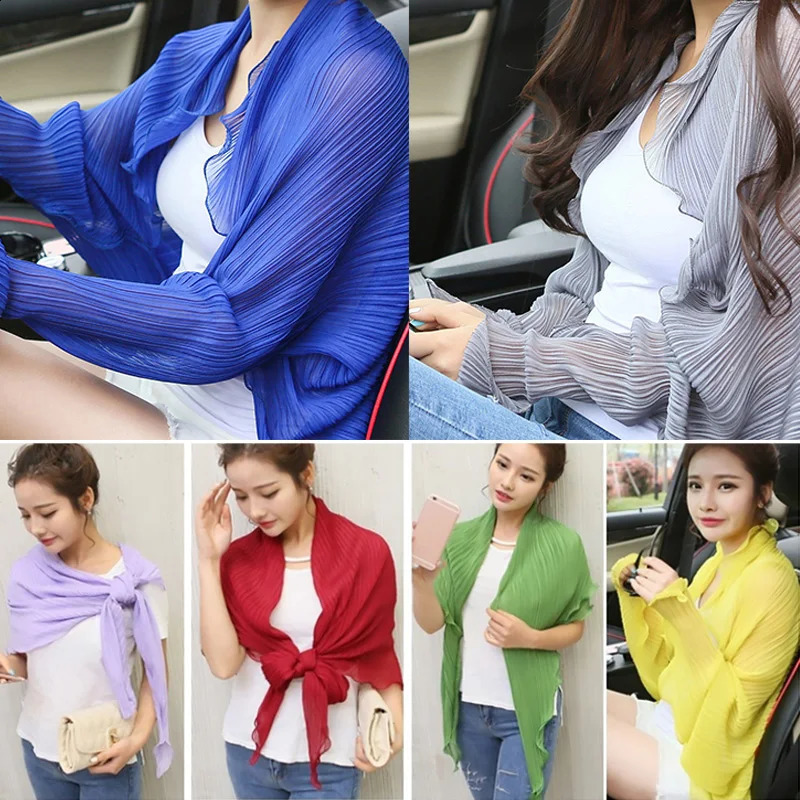 Spring Summer Korean Solid Chiffon Sunscreen Arm Sleeves Shawl Scarf Driving Cycling Beach Sun Protection Vacation Shawls 250122