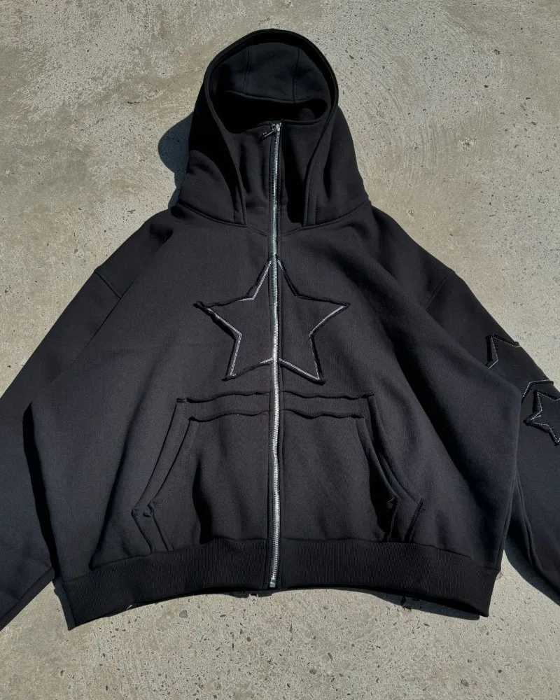 Y2K Harajuku New Fashion Star Embroidery Patch Zipper Hoodie Women Streetwear Vintage Hip-hop Popular Couple Sports Sweater Coat W250117