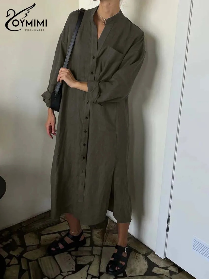 Oymimi Fashion White Cotton Womens Dresses Elegant Long Sleeve Single Breasted Dresses Casual Pockets Side Slit Mid-Calf Dress 250122