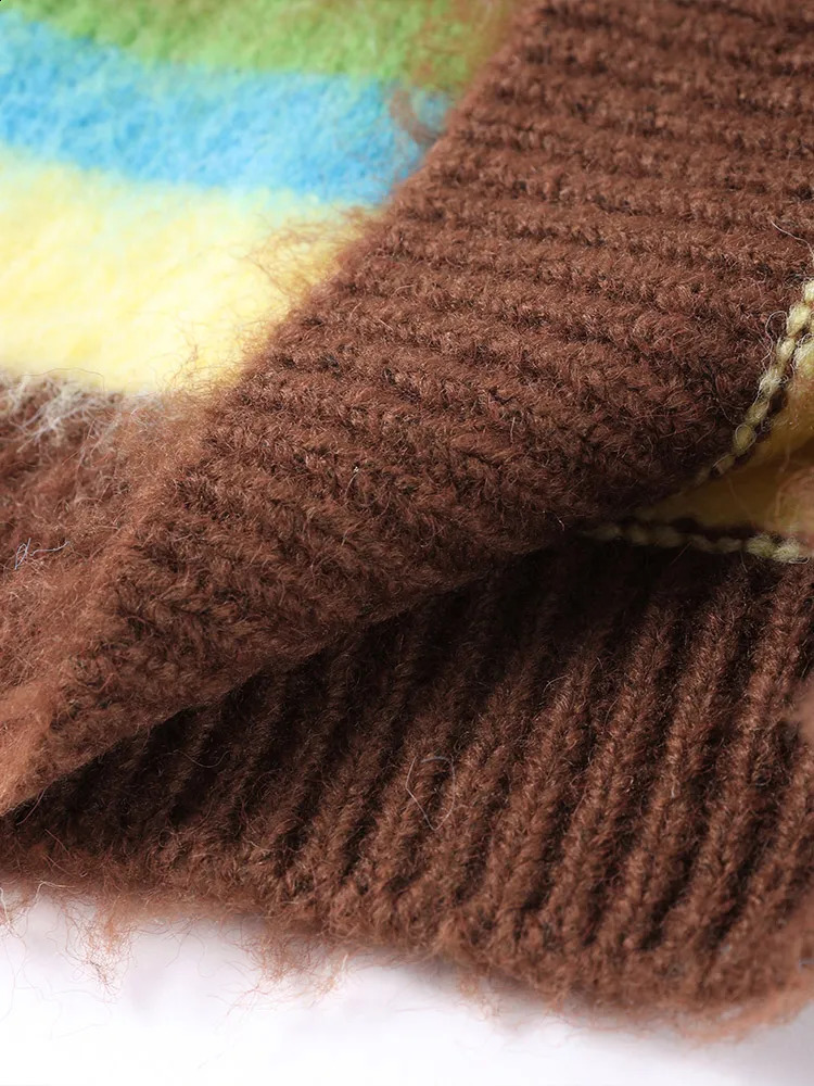 Mohair Striped Elegant Sweater Women Oversize Long Sleeve Contrast Color O-neck Pullover Female Jumper 2024 Autumn Colorful Tops 250121