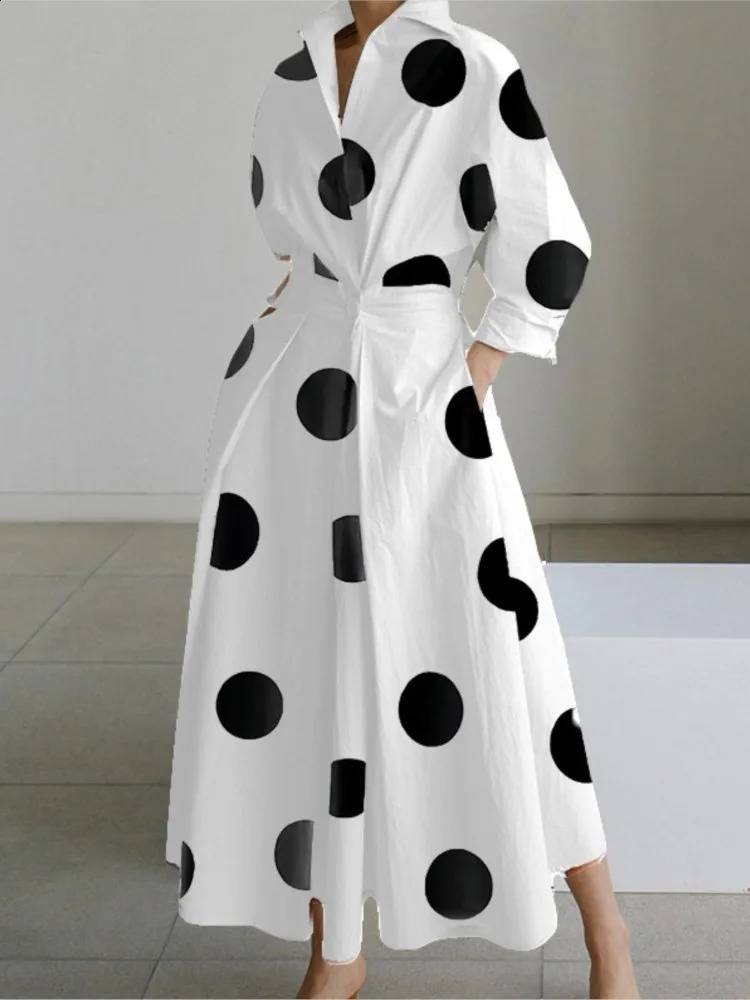 Autumn Dress Long Sleeve Dot Print Elegant Maxi Dresses For Women 2024 White Casual V Neck Shirt Party Robe Femme 250110