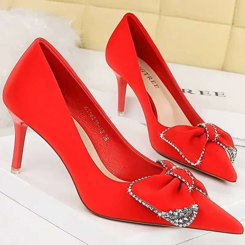 Women 7.5cm High Heels Pointed Toe Kawaii Party Silk Satin Pumps Lady Cute Korean Style Wedding Rhie Bow Green Red Shoes