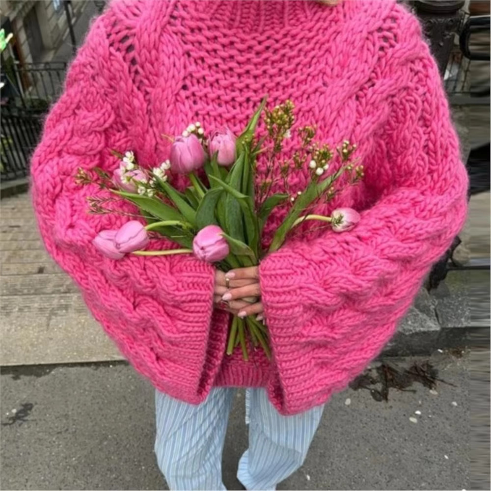 Women's Thick E Big Twist Knitted Loose Sweater Pullover Fashion Casual Crochet Round Neck Sweaters Solid Color New Knitwear