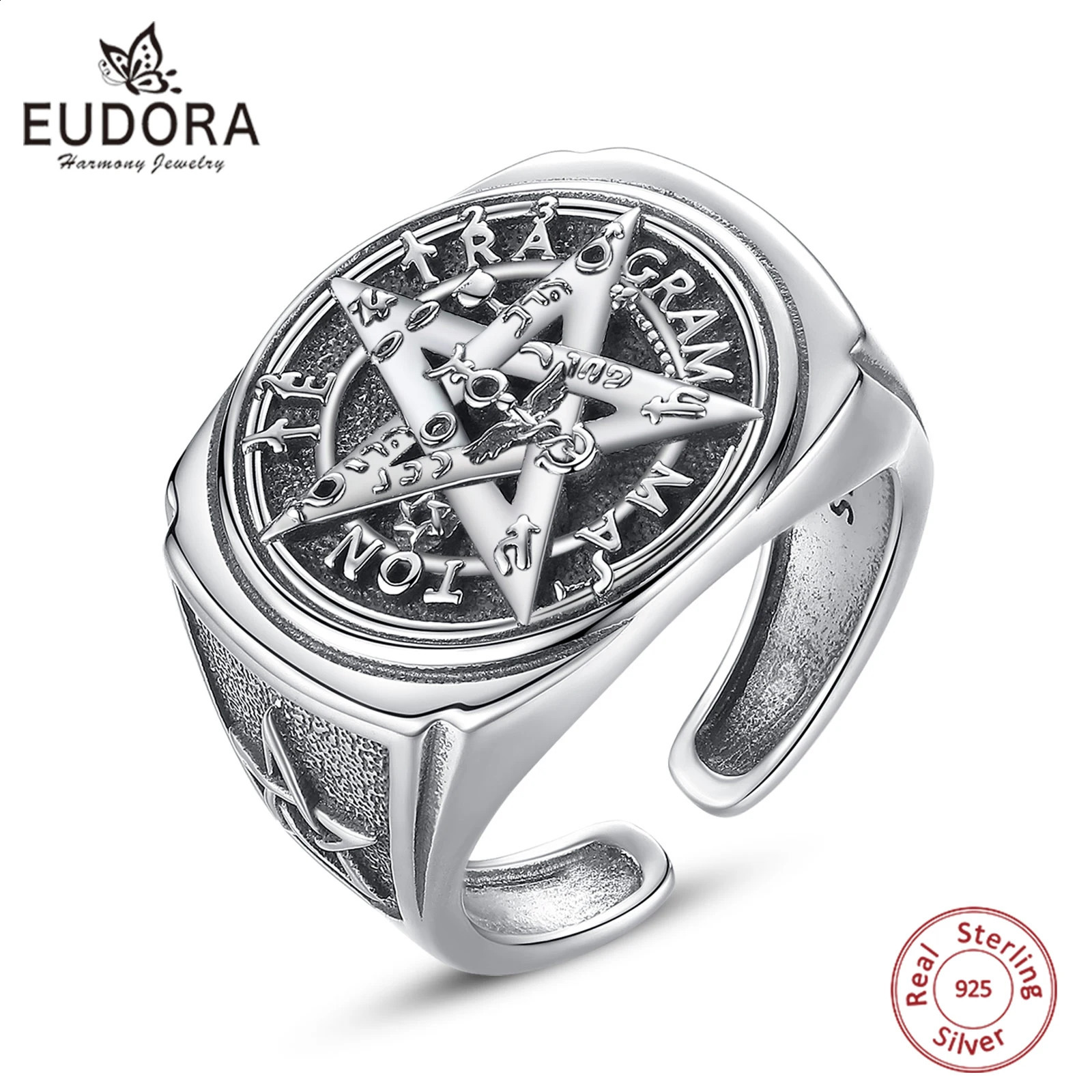 Eudora 925 Sterling Silver Pentagram Adjustable Ring for Men Women Amulet Guardian Star Tetragrammaton Ring Hip Hop Jewelry Gift 250117