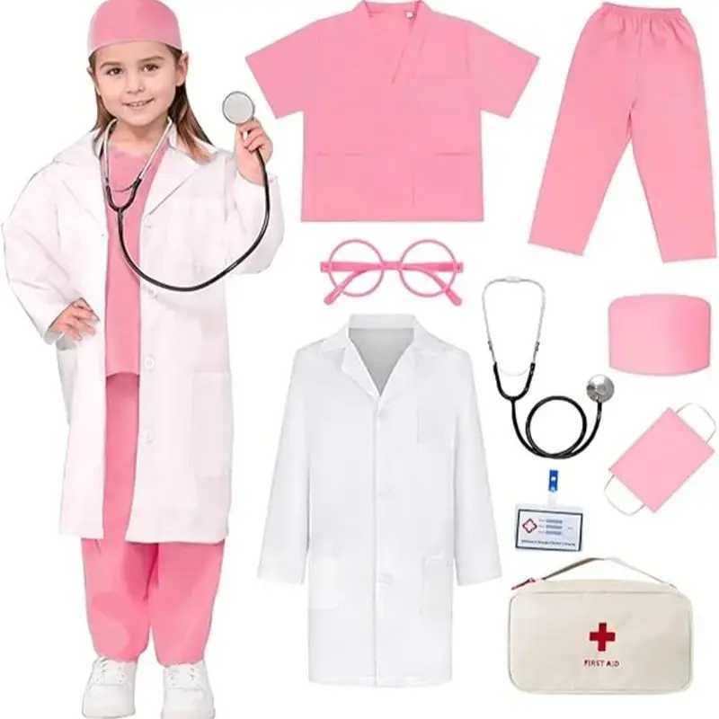 Kids Top+Pants+Coat+Accessories 9PCS Suits With Real Stethoscope For Kids Scrubs Halloween Costume Girls Boys Doctor Dress Up W250117