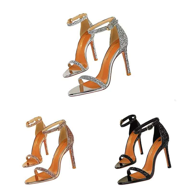 2024 Elegant Women Summer Evening Banquet Lady 10cm High Heels Sparkly Sequins Sier Champagne Catwalk Sandals