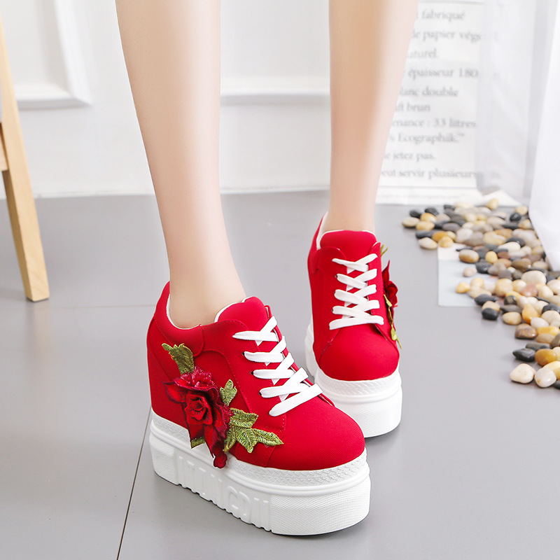 classic Height Increasing 12cm for women casual shoes white black applique flower outdoor womens trainers sneakers