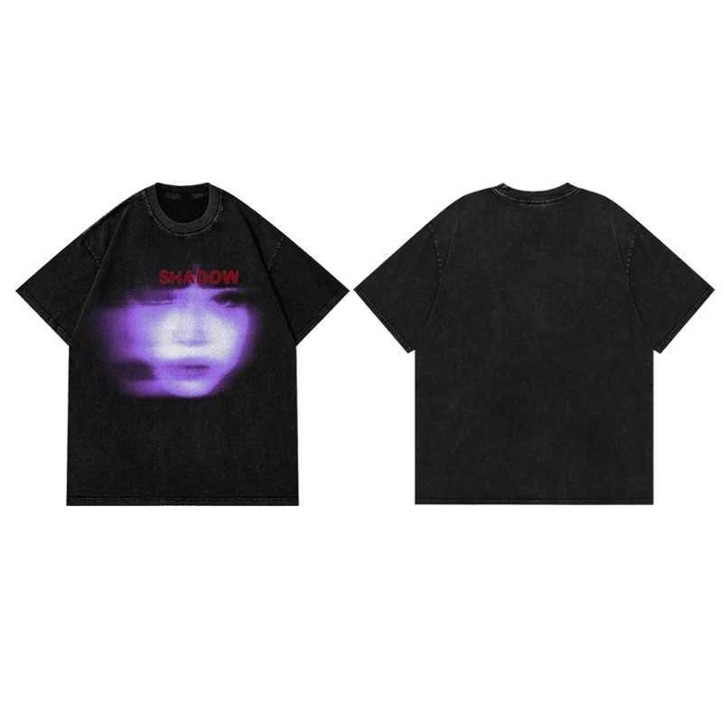 Gothic 2024 mens washed black Harajuku streetwear facial aesthetic graphic T-shirt cotton retro T-shirt Hipster top unisex Y2K W250117