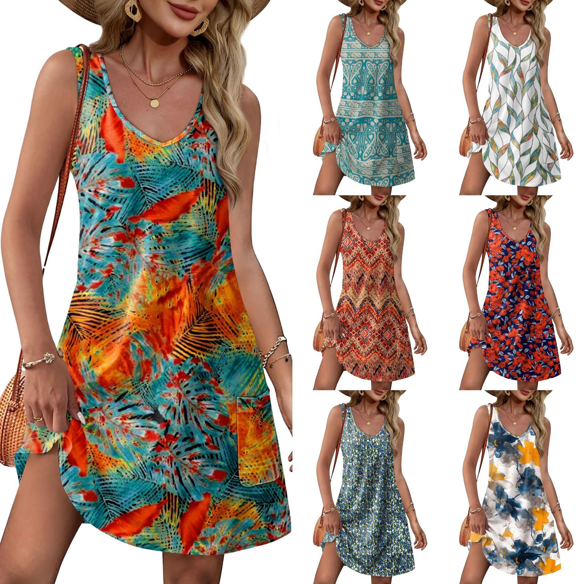 2025 New Women's Designer Summer Beach Loose Beach Skirt V-neck Sleeveless Pocket Dress Tank Top