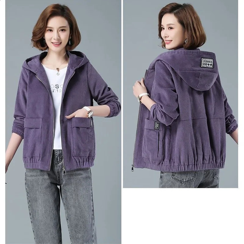 Corduroy Short Coat Womens Spring Autumn Korean Loose Solid Hooded Jacket Fashion Casual Female Zipper Tops 250120wtt
