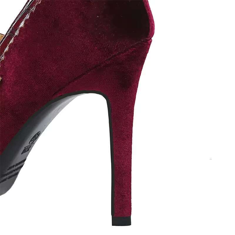 Women 10cm High Pointed Toe Shallow Fashion Wine Red Veet Pumps Stiletto Thin Heels Wedding Mary Jane Belt Strap Shoes