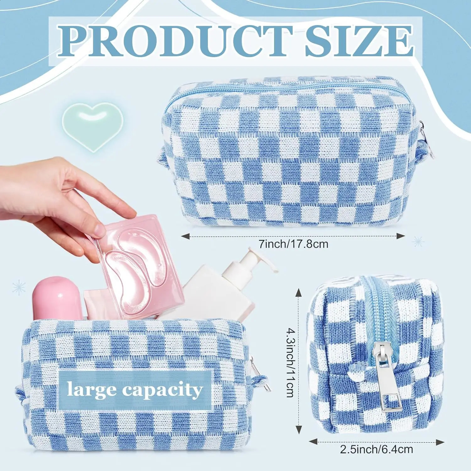 58 Pcs Checkered Makeup Bag Set Preppy Aesthetic Cosmetic Bag Travel Makeup Pouch Toiletry Bag 7 Heishi Surfer Bracelets with 50 250120
