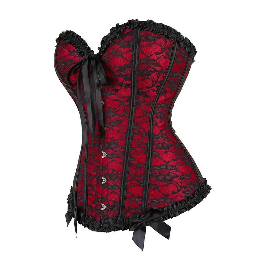 Women Corset Plus Size Lace-up Bustiers Top Sexy Overbust Vintage Flower Print Lingerie Corset Lace Corset Black Red Blue W250120