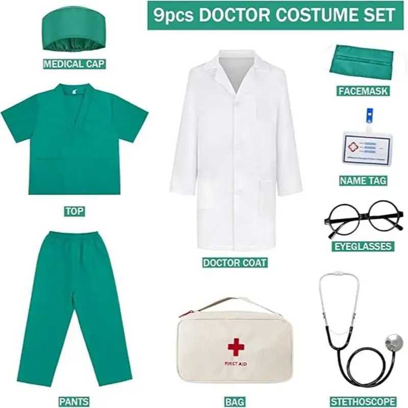 Kids Top+Pants+Coat+Accessories 9PCS Suits With Real Stethoscope For Kids Scrubs Halloween Costume Girls Boys Doctor Dress Up W250117