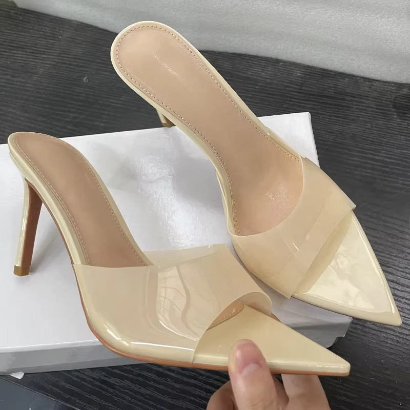 New Summer Women's Sandals Simple Transparent High-Heeled Stiletto Pointed Open-Toed Slippers Mules