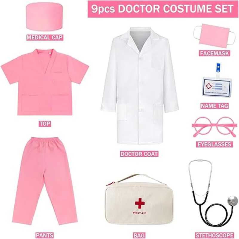 Kids Top+Pants+Coat+Accessories 9PCS Suits With Real Stethoscope For Kids Scrubs Halloween Costume Girls Boys Doctor Dress Up W250117