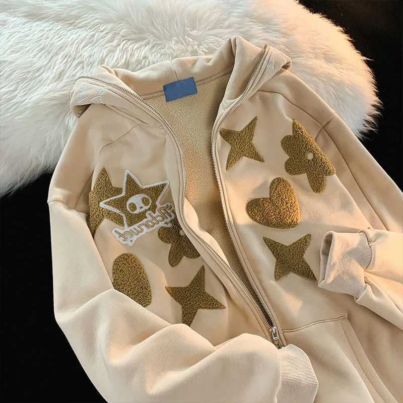 Womens Retro Embroidery Hoodies Autumn Winter Zip Up Long Sleeve Loose Jacket Coats Y2k Harajuku Casual Pocket Hooded Sweatshirts W250117