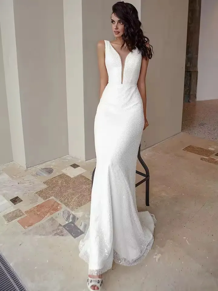 Glitter Sequins Mermaid Wedding Dress Detachable Tulle Overskirt Bling Beads 2025 Luxury Customized V-Neck Sexy Bridal Gowns Vestido De Noiva Newest
