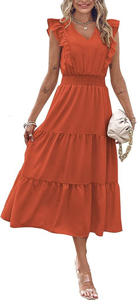 2025 Women's Designer Sleeveless V-neck Women's Elastic Waist Fold Elegant And Sexy Summer Beach Skirt