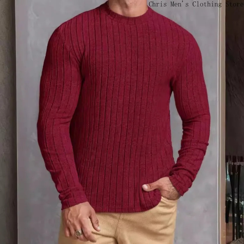 Autumn Winter Simple Fashion Mens Slim-fit Knitwear Casual Solid Color Pullover Elastic Fitness Sports Long-sleeved T-shirt 250117
