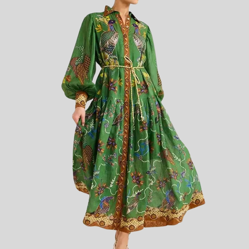 New best-selling European and American women's clothing lantern sleeves printed lapel collar waist long sleeves big pendulum dress women