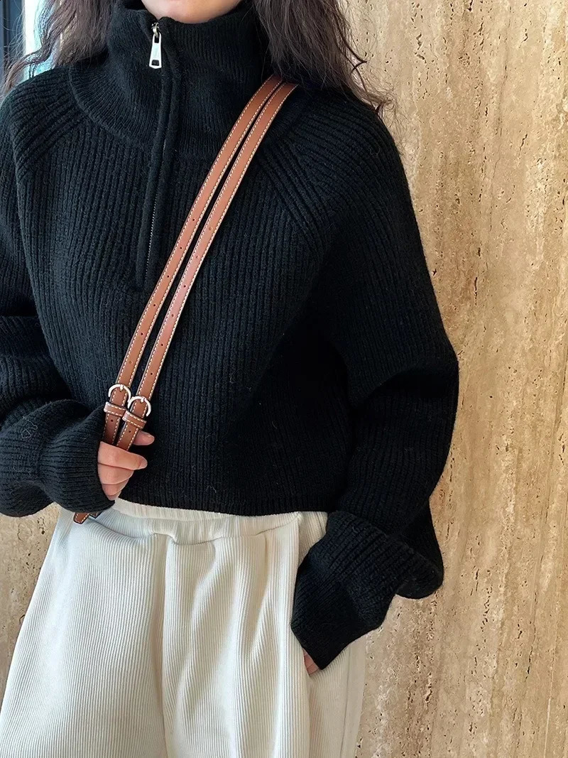 Autumn Winter Zipper Sweaters Women Solid Color High Neck Knitted Pullover Solid Red Loose Turndown Collar Womens Turtleneck 250117