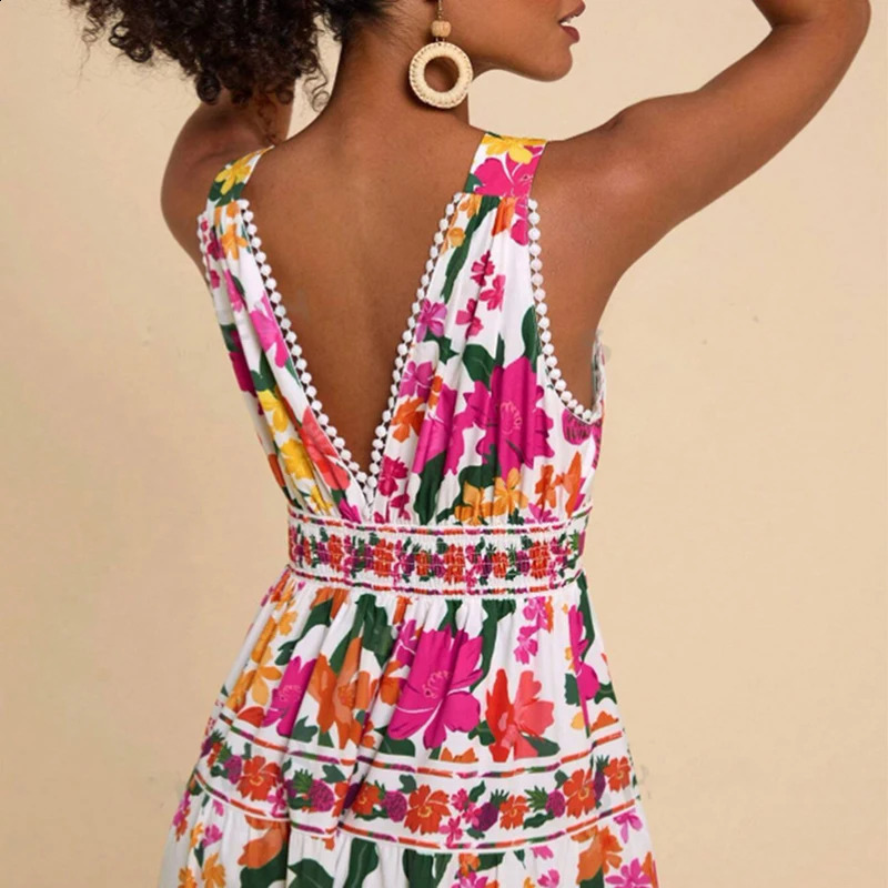 Casual Floral Print High Waist Womens Dress Sexy Deep V Hollow Out Sleeveless Beach Dress Fashion Backless Bohemian Long Dress 250118