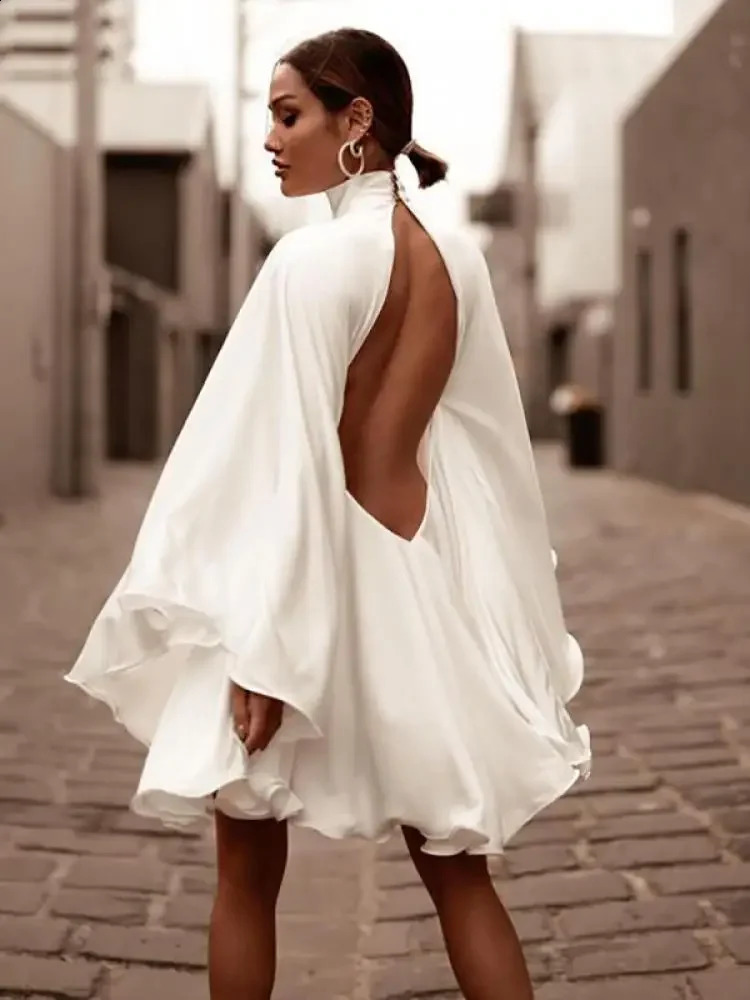 Modigirl Womens White Turtleneck Long Ruffled Sleeves Backless Dress 2025 Summer Spring Elegant Party Mini Dress Woman 250122