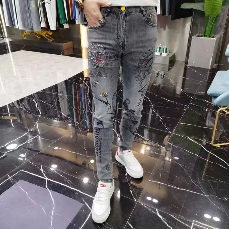 High-end European Korean Mens Slim Fit Jeans with Tiger Diamond Print for Casual Wear Spring Autumn Stretch Clothing Men 250120