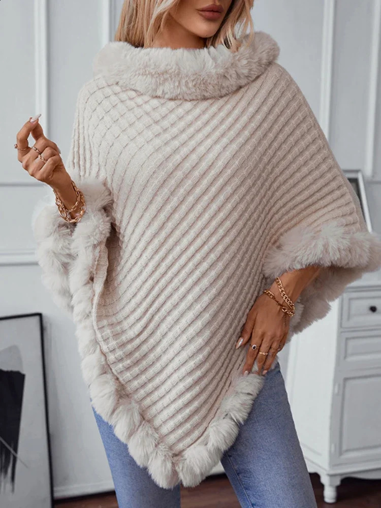 Knitted Cloak Sweater Women Shawl Outwear Warm Hairball Knit Casual Loose Plaid Poncho Cape Coat Spliced Solid Elegant 250121