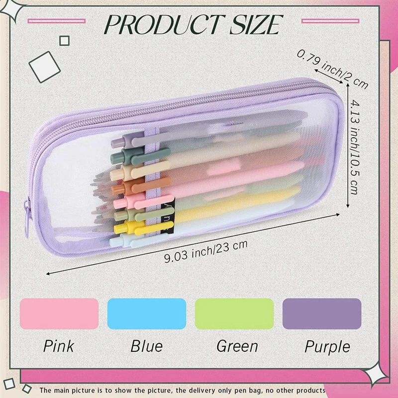 4 Pcs Grid Mesh Pencil Case with Zipper Clear Pencil Pouch Visible Pen Bag Multi-Purpose Transparent Makeup Bag 250120